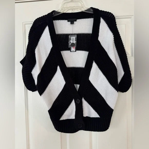 Worthington Black and White Striped Short-Sleeve Cardigan XL NEW - Picture 1 of 5